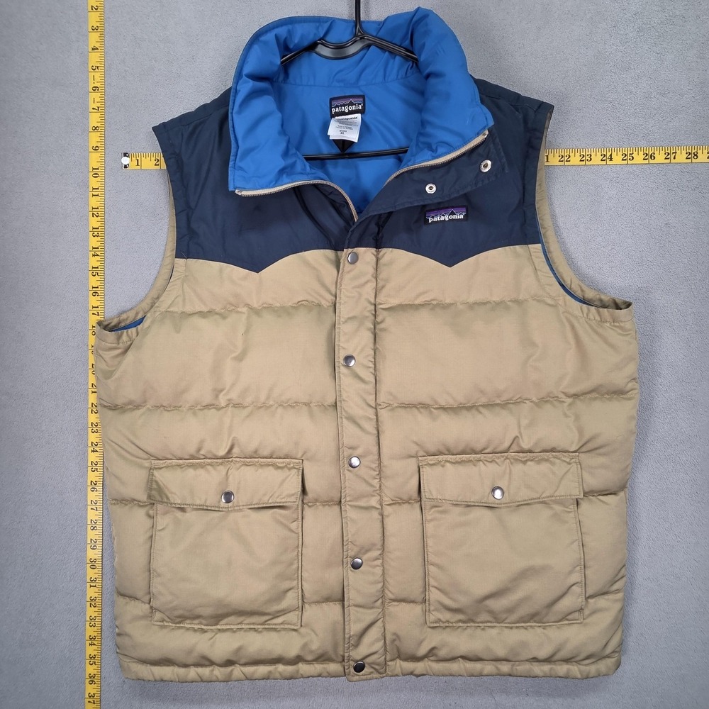 Patagonia Bivy Down Vest‎ Mens XL Beige Blue Snap Puffer Insulated Pockets